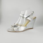reborn Wedge Open Toe Ankle Strap Silver Leather Heels Shoe
